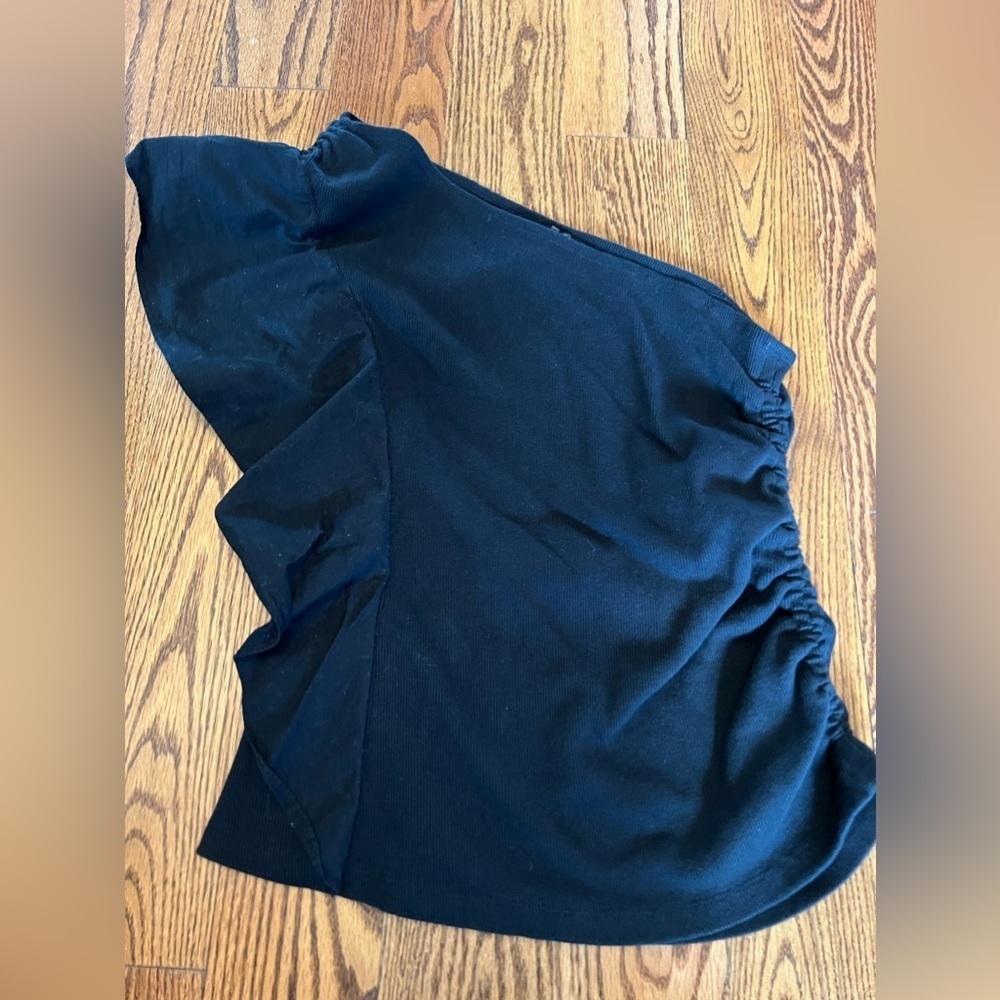 Anthropologie Ruffled One Shoulder Ruched Bodice Top in Black Size Large - Picture 6 of 7